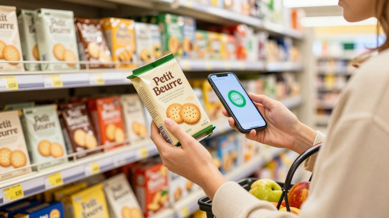 Pessoa segurando pacote de biscoitos e celular em corredor de supermercado.