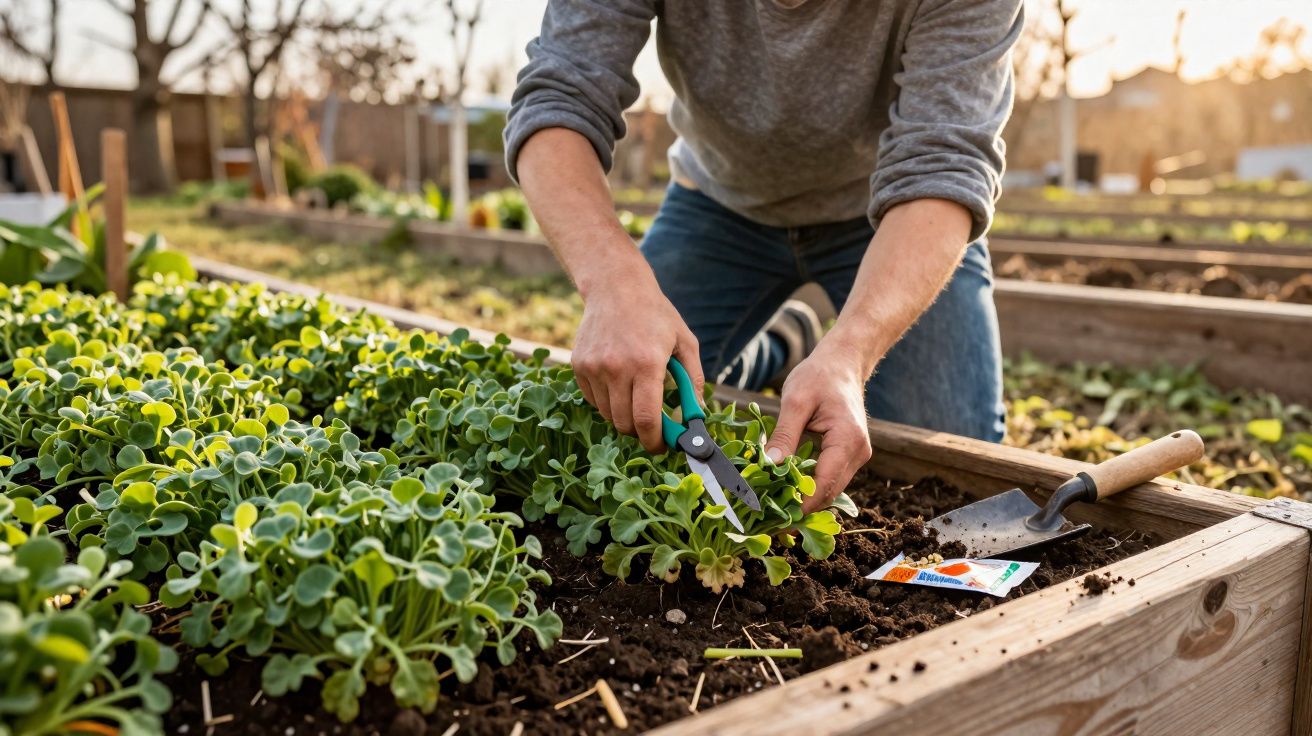 Pessoa colhendo hortaliças com tesoura em canteiro de madeira ao ar livre ao amanhecer.