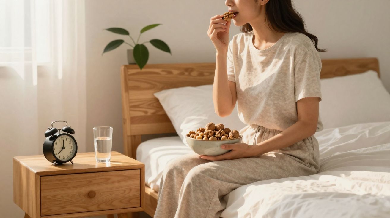 Mulher sentada na cama com roupas confortáveis comendo nozes de uma tigela em um quarto iluminado.