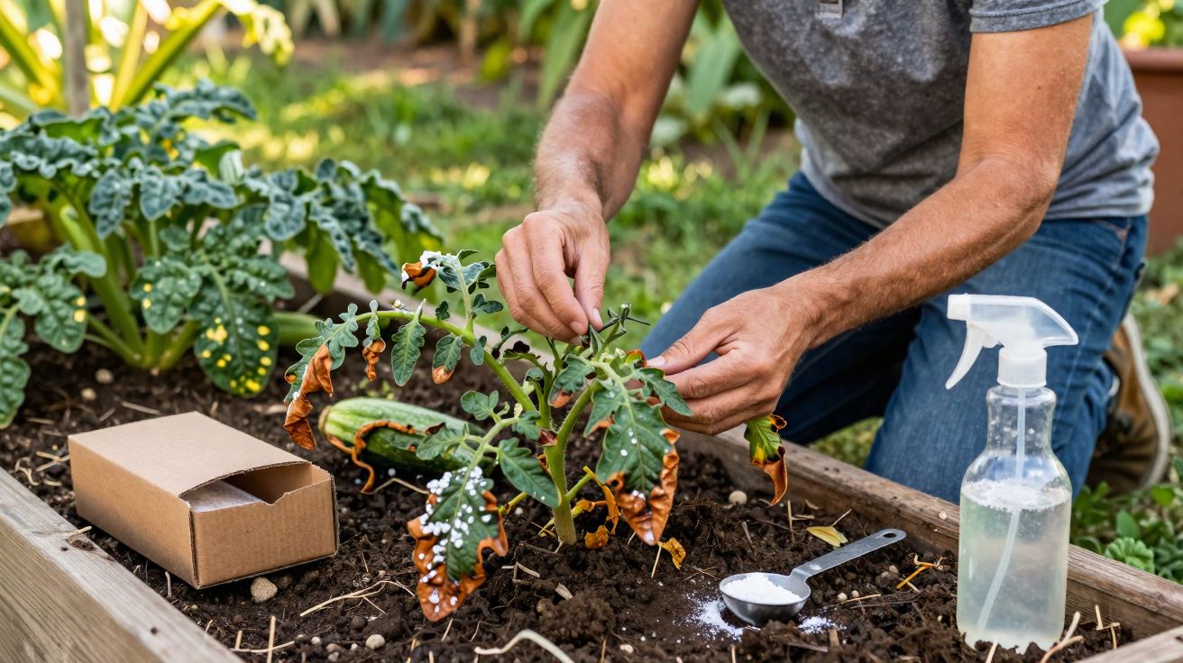 Pessoa aplicando pesticida natural em planta com folhas secas em jardim caseiro.