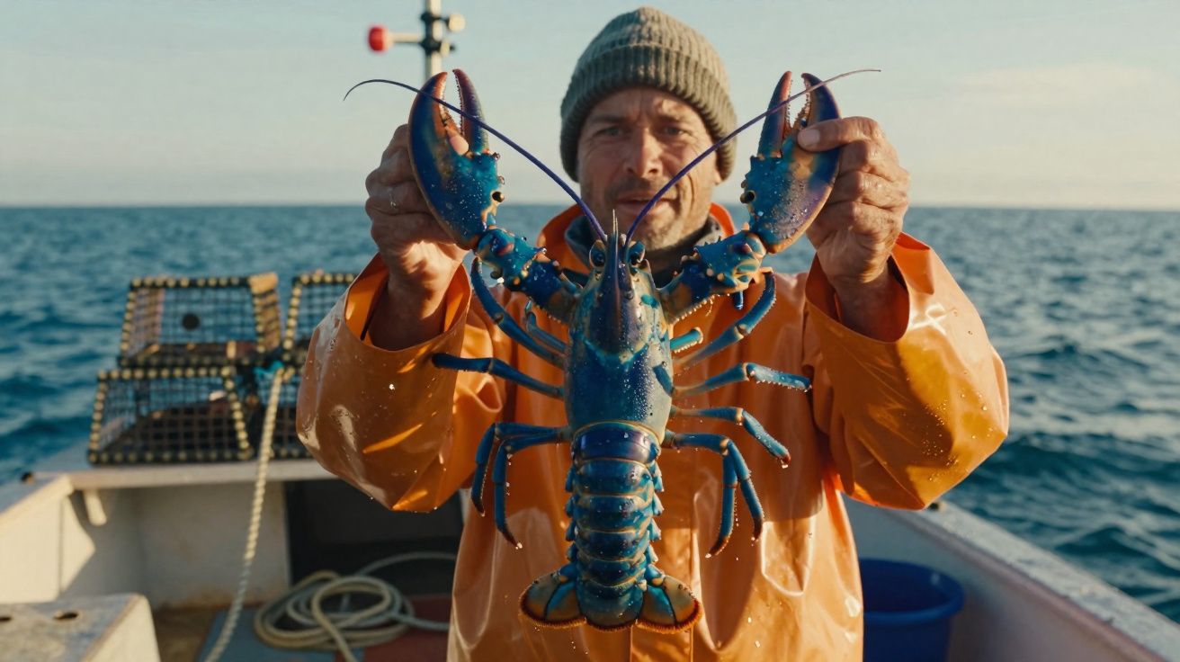 Pescador em barco segurando uma lagosta azul grande com mar ao fundo em dia ensolarado.