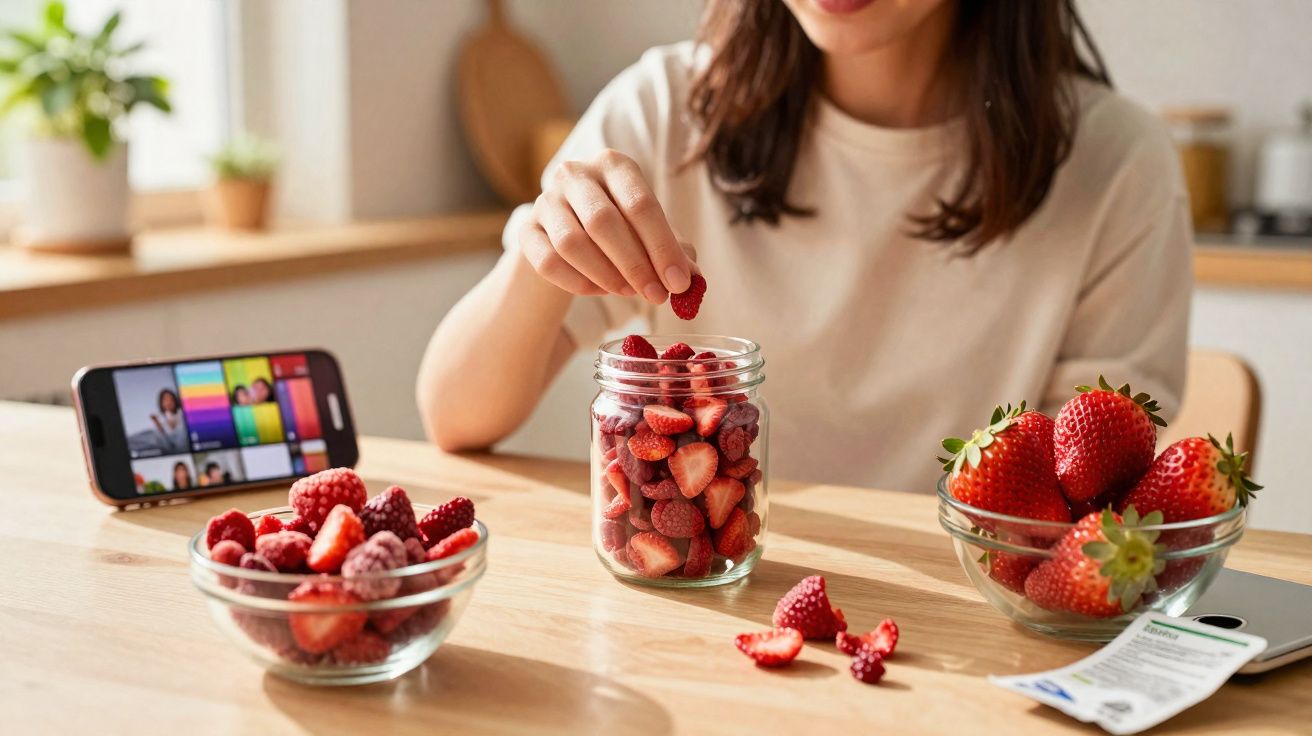 Pessoa colocando frutas vermelhas em pote de vidro, com celular em vídeo chamada e tigelas de frutas na mesa.