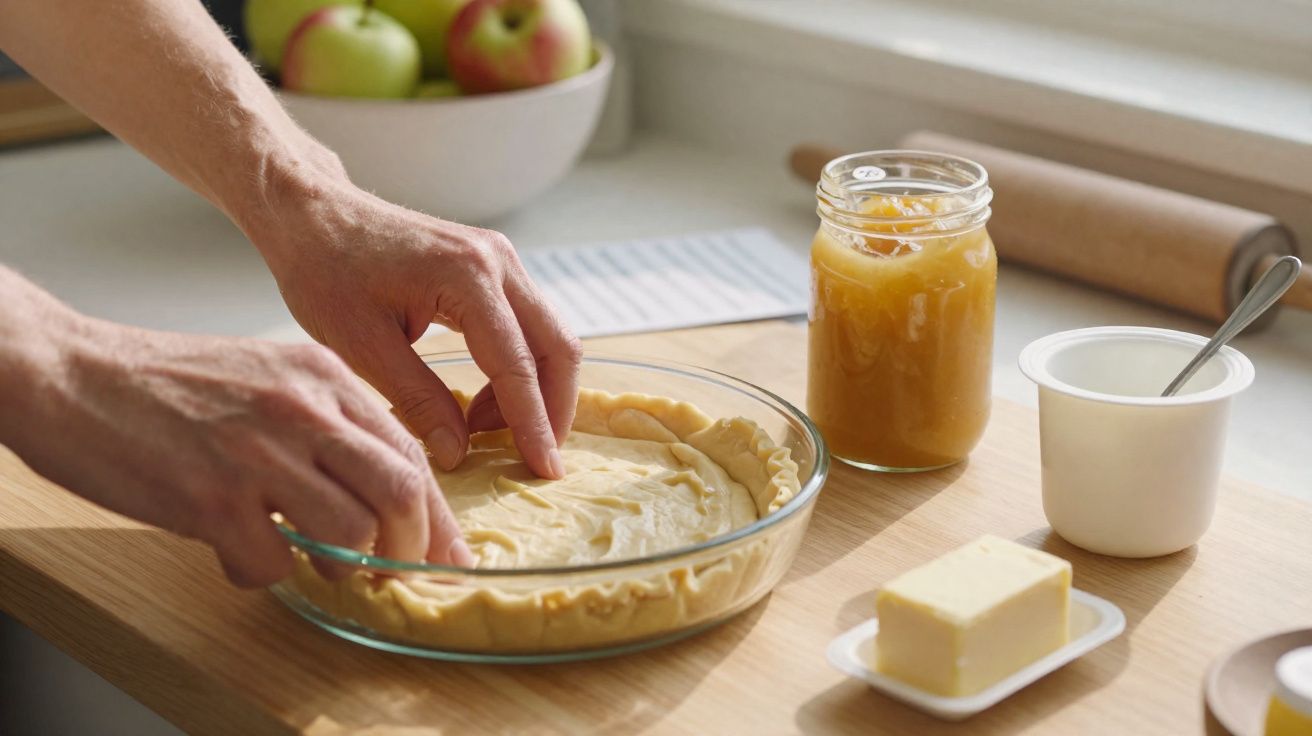 Mãos preparando a borda de uma torta em forma de vidro na bancada de madeira, com manteiga e geleia ao lado.