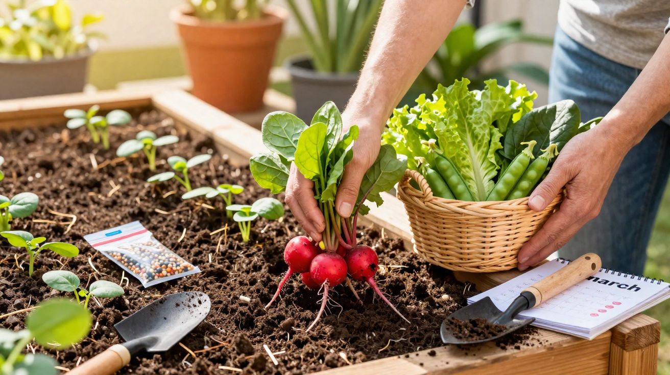 Pessoa colhendo rabanetes frescos em horta com cesta de verduras e ferramentas de jardinagem ao lado.