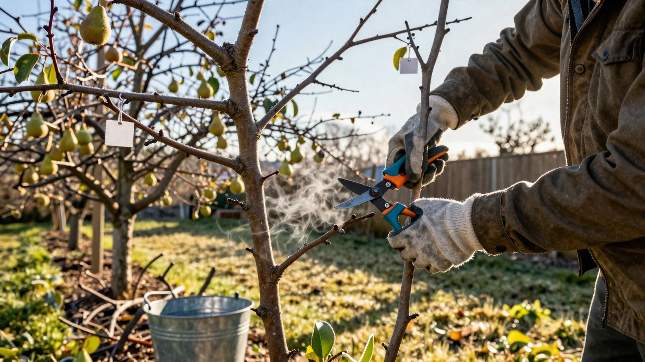 Pessoa podando galho de árvore com tesoura de poda em um pomar ensolarado de outono.