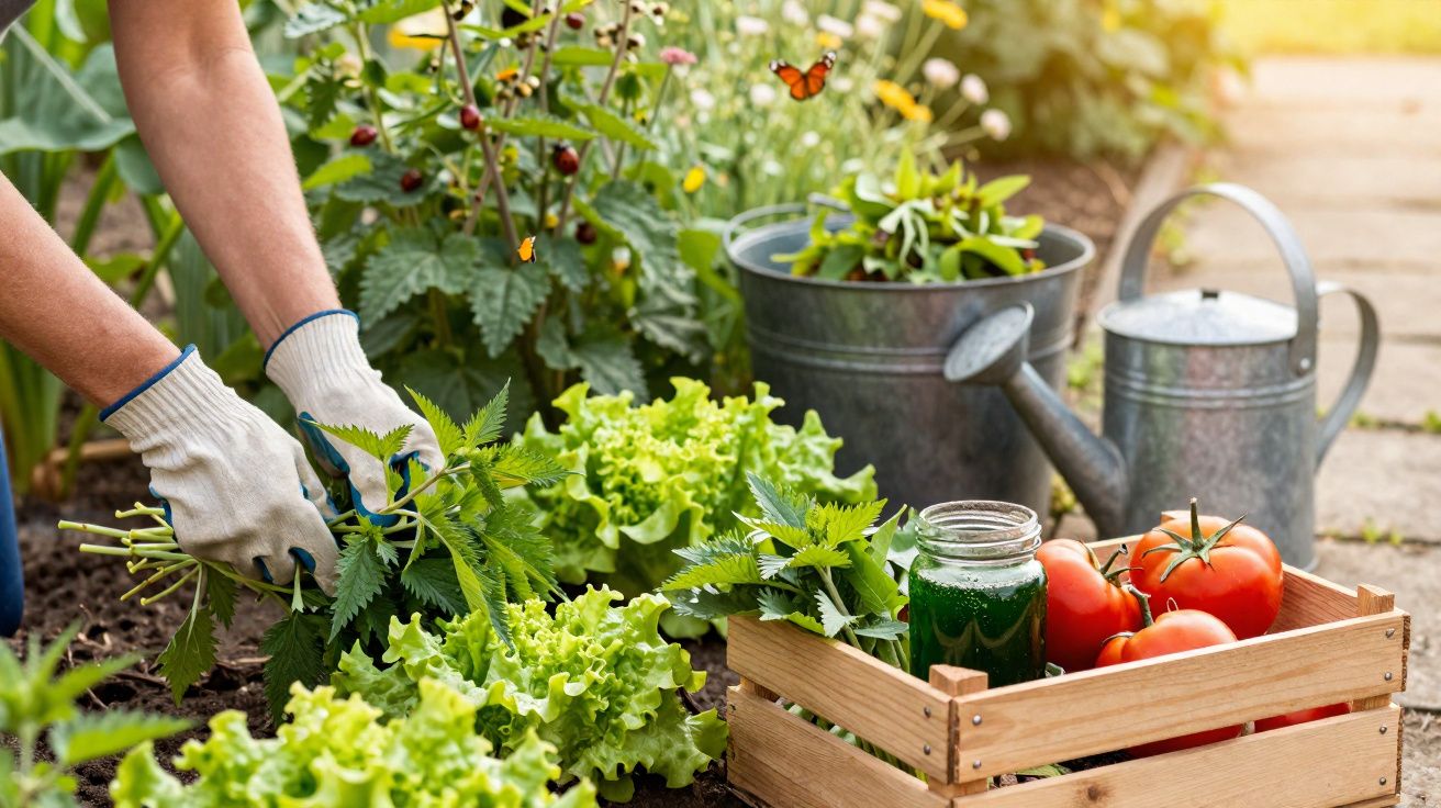 Pessoa colhendo folhas verdes em horta com regadores, jardineira e cesta com tomates e suco verde.