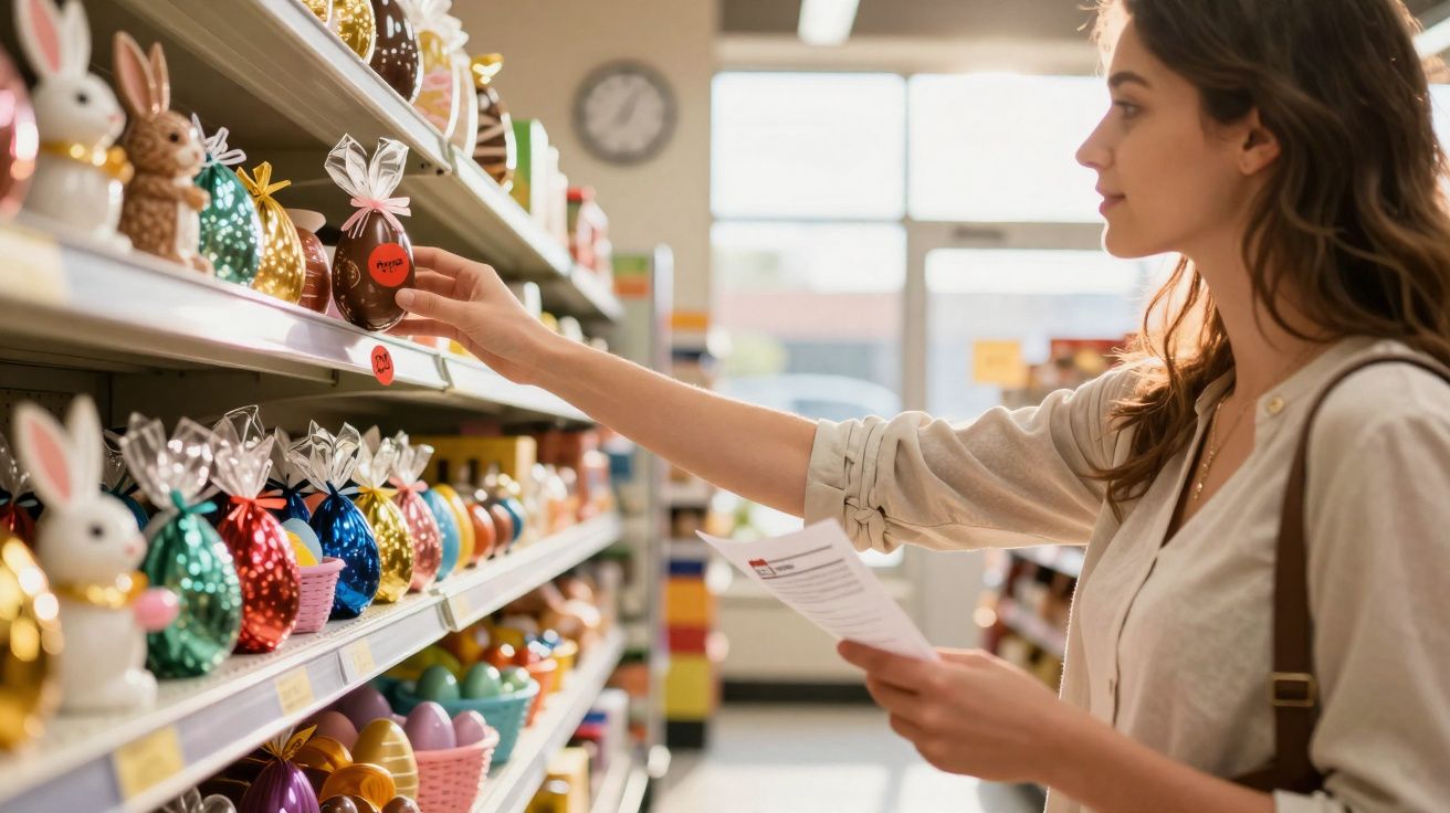 Mulher escolhendo ovo de Páscoa em prateleira de supermercado, segurando lista de compras.
