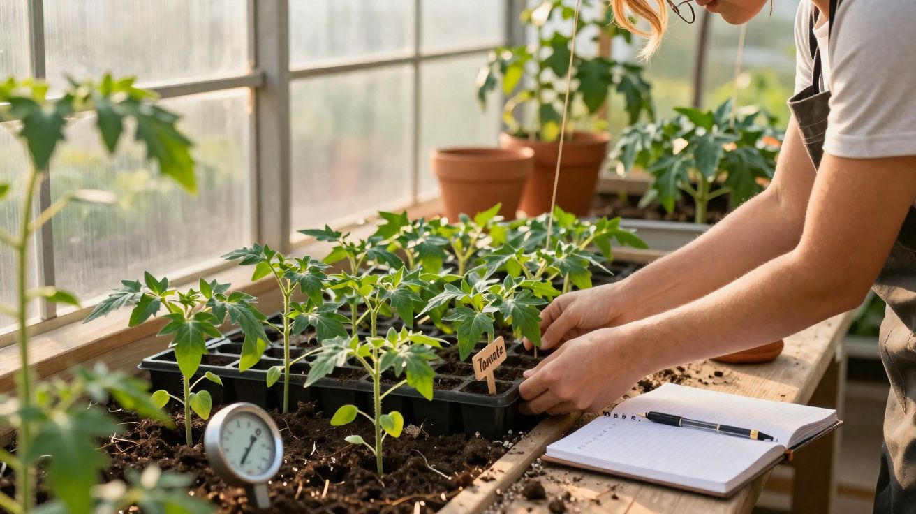 Pessoa cuidando de mudas de tomate em estufa solar com caderno aberto e termômetro de solo.