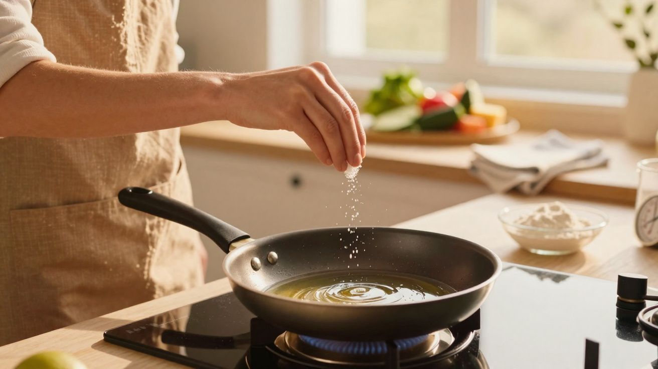 Pessoa adiciona sal em frigideira com óleo em fogão à gás em cozinha iluminada.