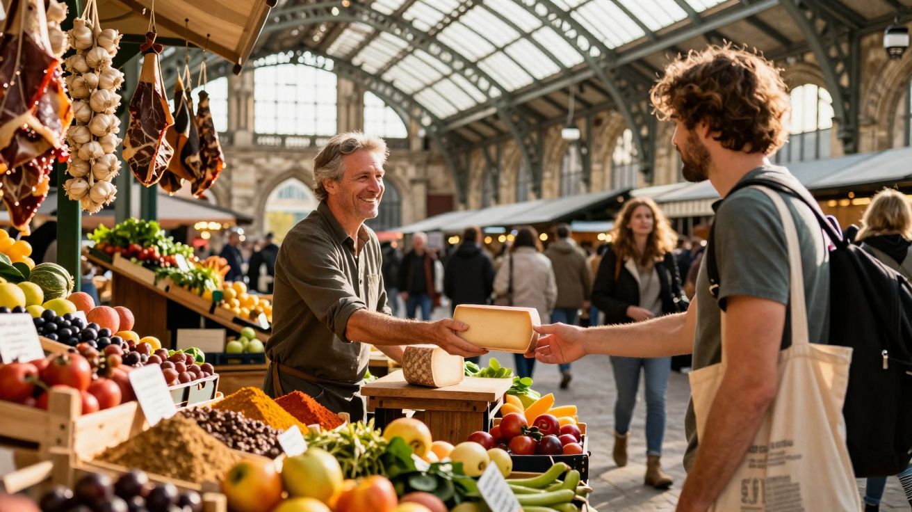 Homem compra queijo de vendedor sorridente em mercado coberto com frutas e vegetais frescos.