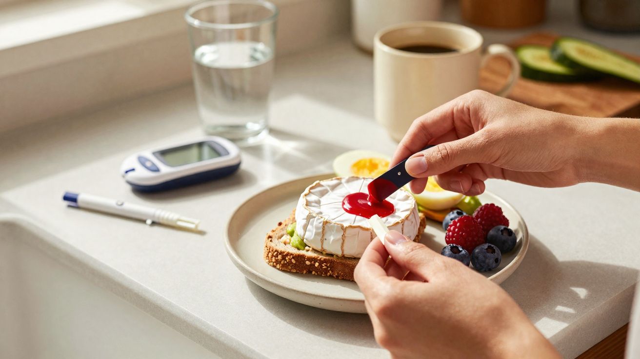 Mãos realizando teste de glicose próximo a café, ovos, frutas e pão com queijo em bancada de cozinha iluminada.