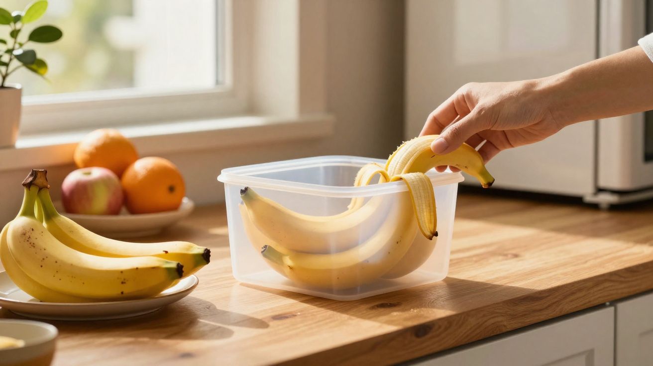 Mão colocando banana descascada em pote plástico transparente sobre bancada de cozinha com frutas ao fundo.