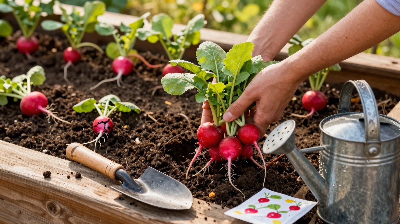 Mãos colhendo rabanetes vermelhos em canteiro de madeira com pá, regador e pacote de sementes.