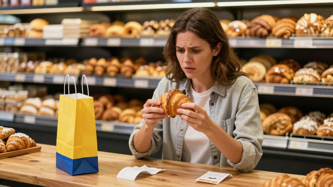 Mulher examinando croissant com expressão preocupada em padaria, com sacola amarela e azul na mesa.