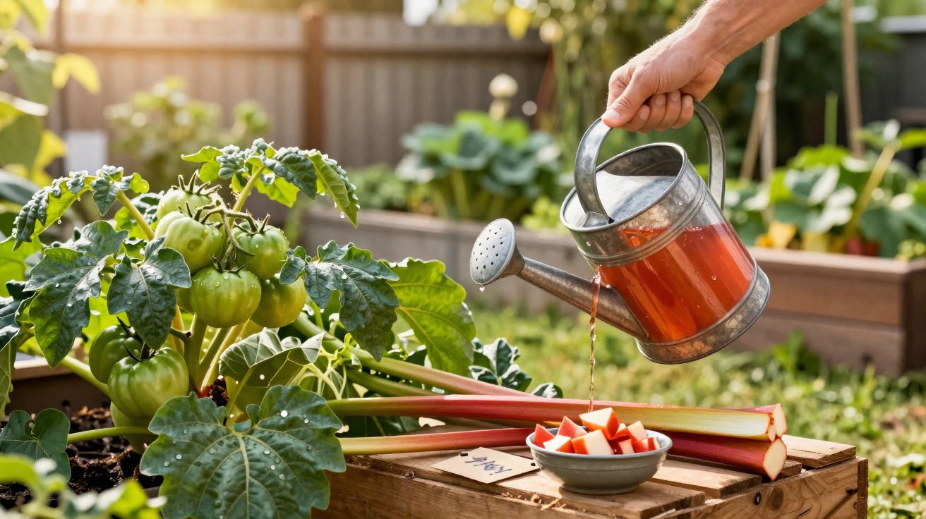 Pessoa regando planta de tomate em jardim com regador metálico e caldo vermelho no final da tarde.