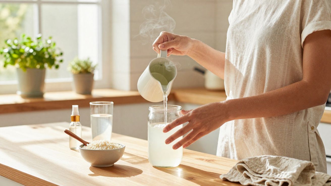 Pessoa vestindo camiseta branca derramando líquido quente em copo de vidro sobre bancada de madeira clara.
