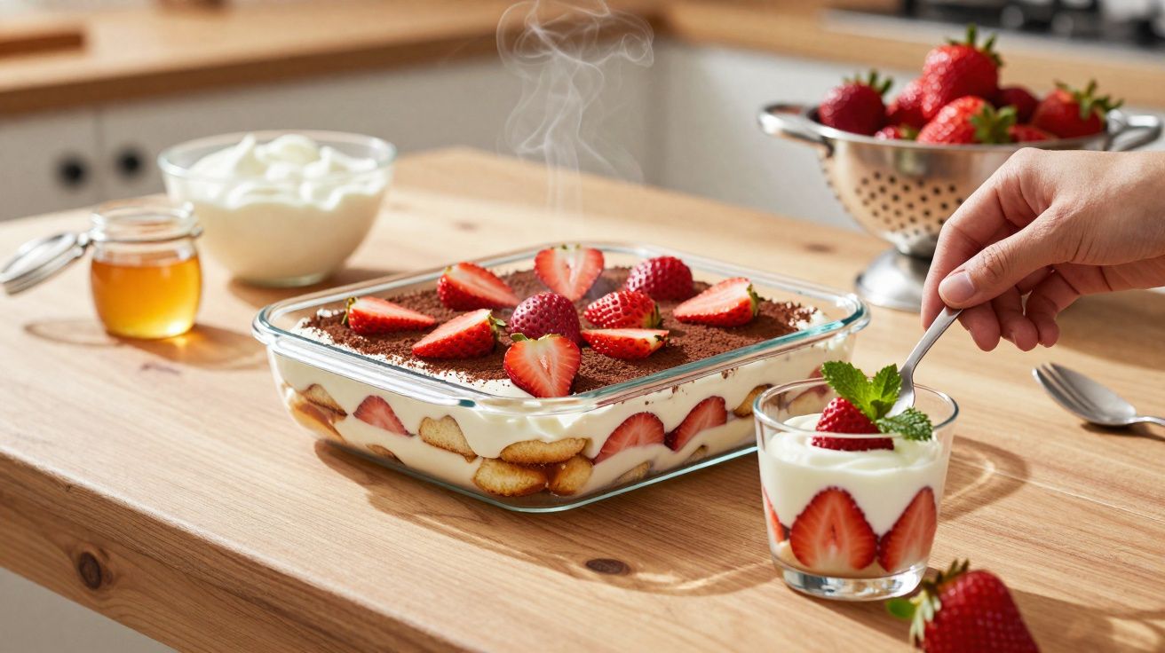 Sobremesa de morango com camadas de creme e biscoitos em recipiente de vidro sobre mesa de madeira.