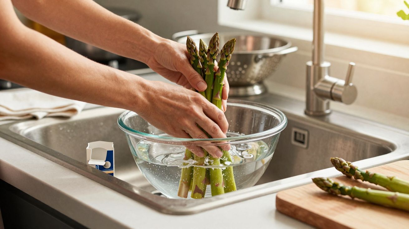 Pessoa lavando aspargos verdes em tigela de vidro com água na pia de cozinha moderna.