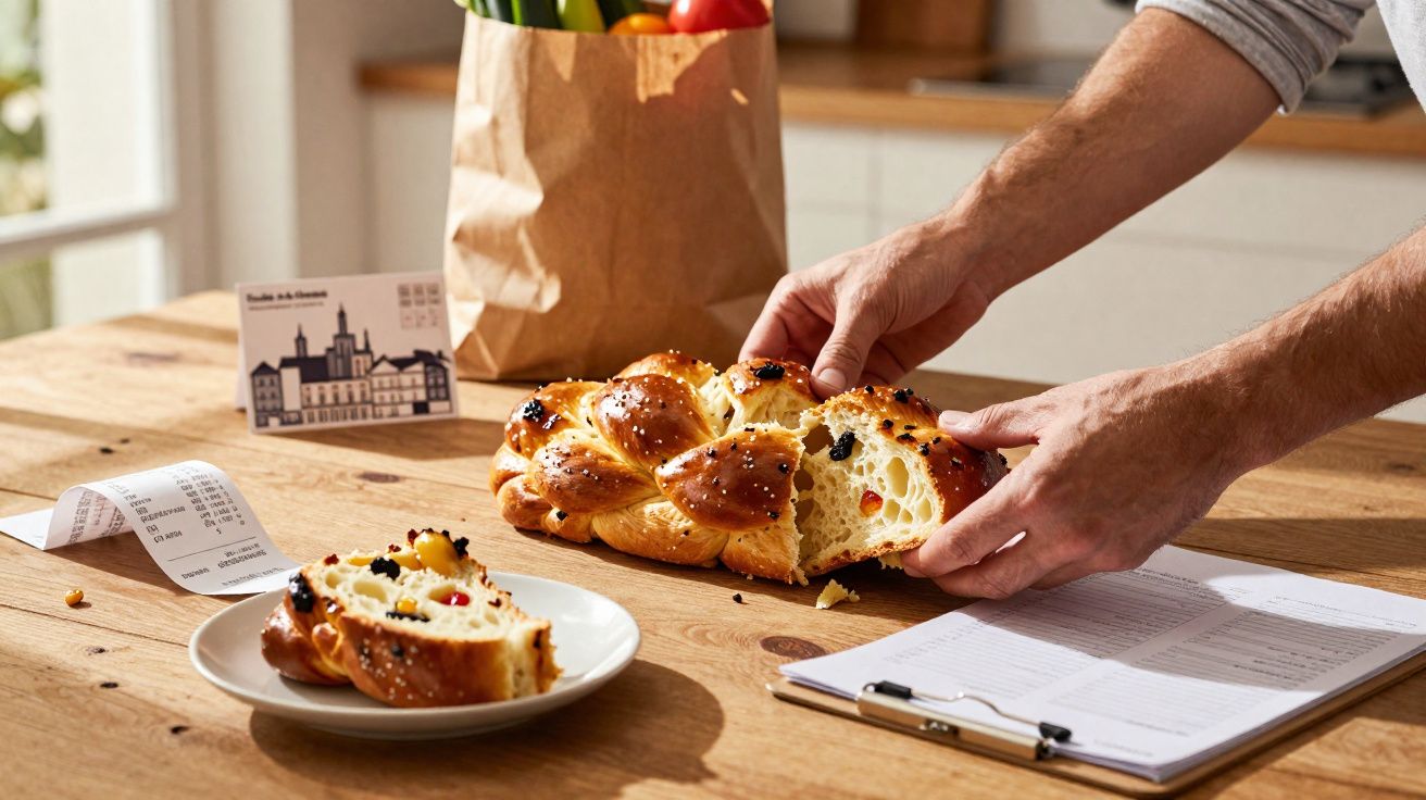 Mãos partindo pão doce trançado na mesa com fatias, recibos e saco de compras ao fundo.
