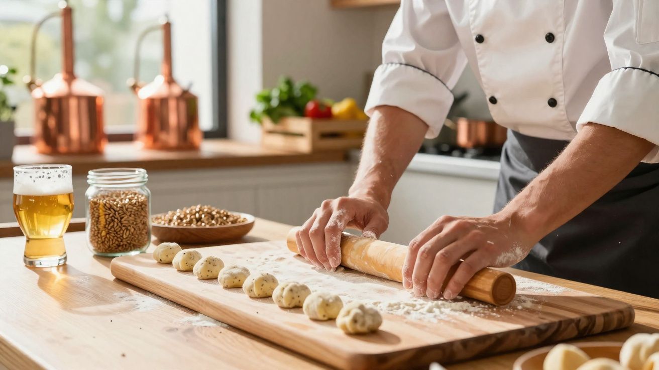 Pessoa usando rolo de massa para abrir bolinhas de massa em bancada de cozinha com copo de cerveja ao lado.