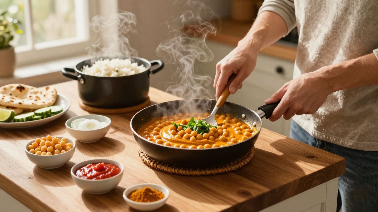 Pessoa mexendo curry de grão-de-bico quente em frigideira, com arroz, especiarias e legumes na bancada de cozinha.