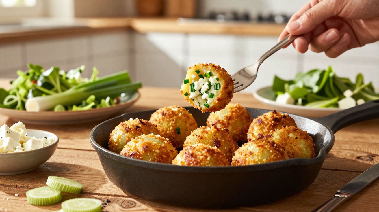 Bolinho crocante recheado com queijo e cebolinha em frigideira preta, ao lado de vegetais frescos.