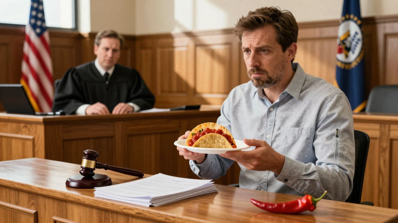 Homem sério segurando prato com tacos em tribunal, juiz ao fundo e pimenta vermelha na mesa.