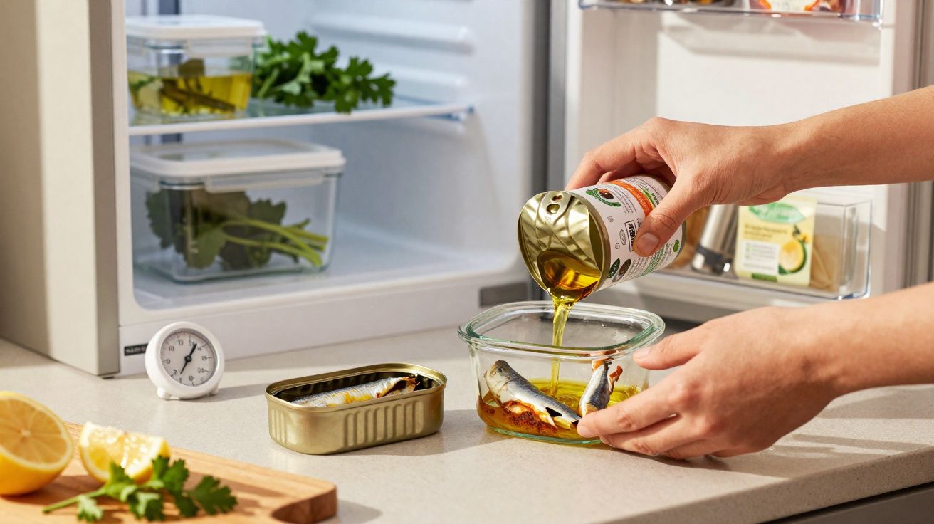 Mãos despejando óleo de sardinhas em pote de vidro com sardinhas na bancada ao lado de geladeira aberta.