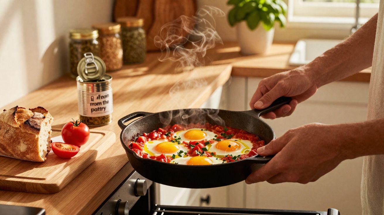 Mãos segurando frigideira com ovos fritos e tomates na cozinha ensolarada.