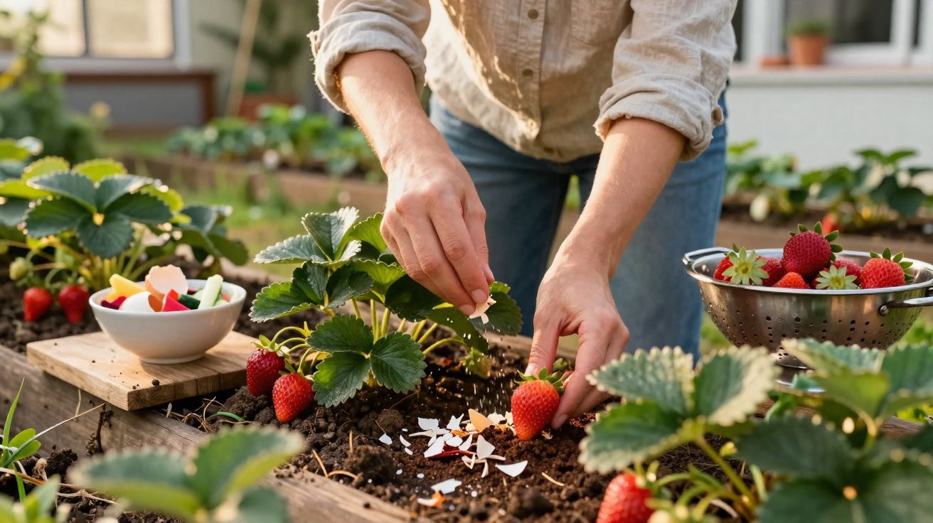 Pessoa cuidando de plantas de morango em canteiro, com morangos maduros e pedaços de casca de ovo no solo.