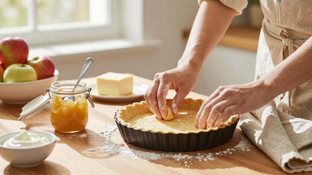 Pessoa preparando massa de torta em forma, com pote de geleia, manteiga e maçãs na mesa de madeira.