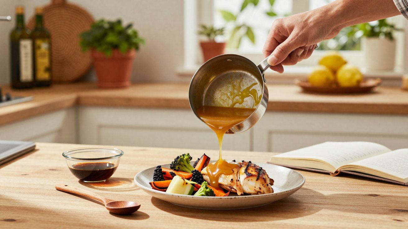 Mão despejando molho sobre frango grelhado com legumes em um prato branco em cozinha iluminada.