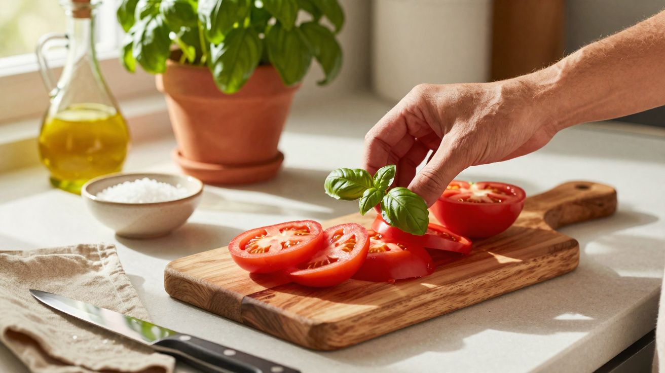 Mão colocando folhas de manjericão em fatias de tomate sobre tábua de corte na cozinha.