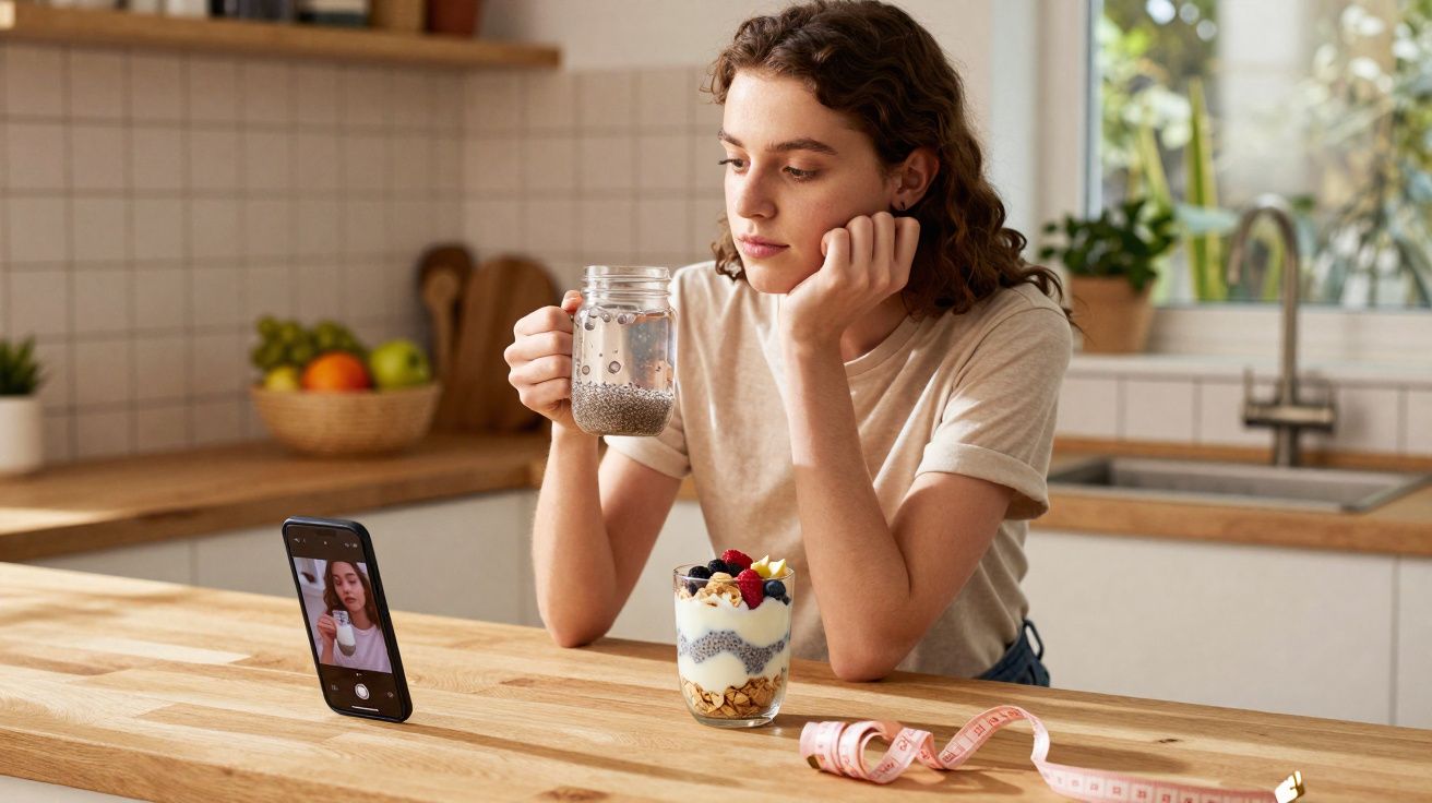 Jovem segurando copo com chia na cozinha, olhando para celular, com iogurte e fita métrica na mesa.