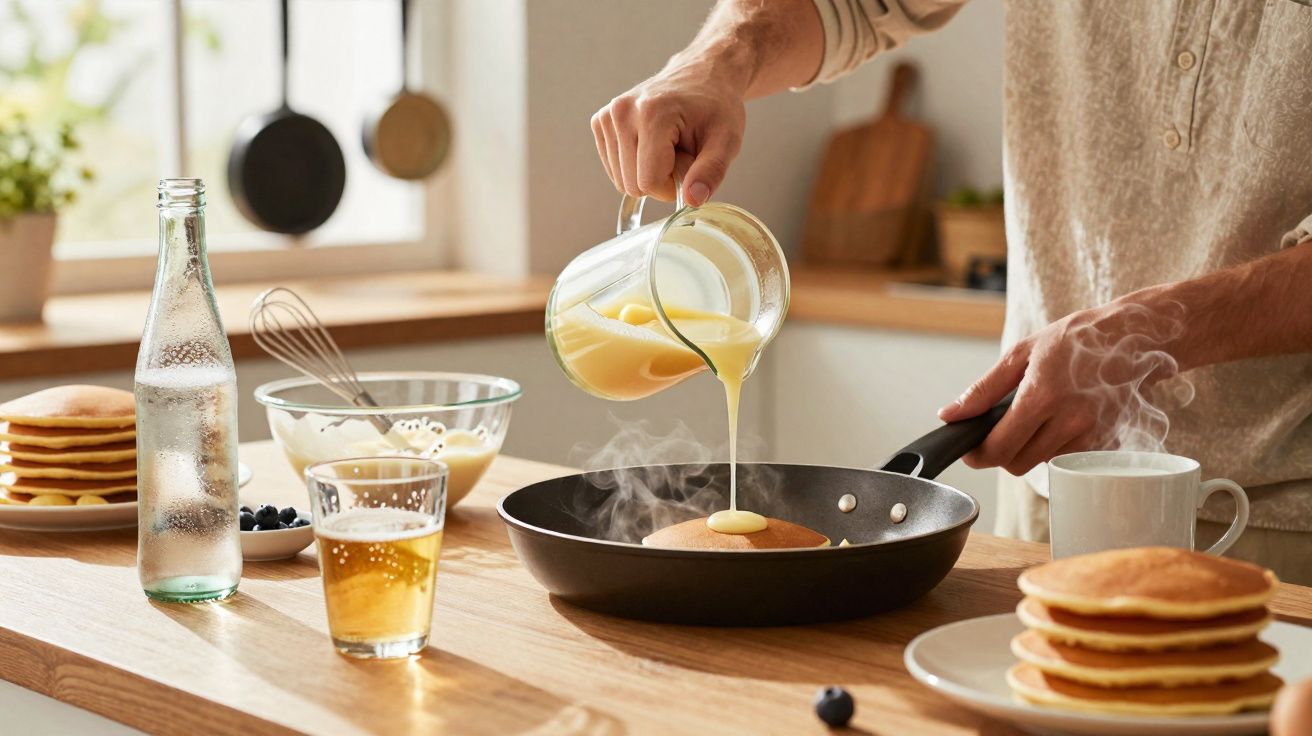 Pessoa despejando massa de panqueca em frigideira na cozinha iluminada com pilha de panquecas e bebida sobre a mesa.