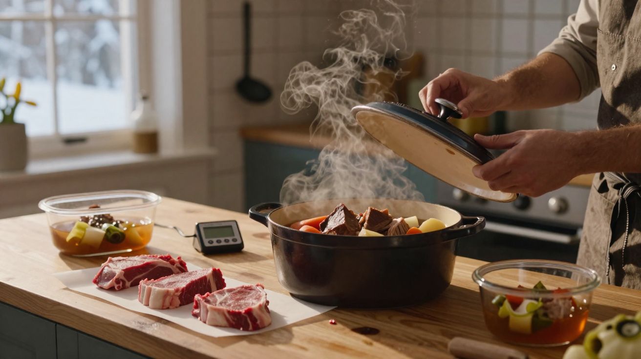 Pessoa tirando a tampa de panela com comida cozinhando e carnes cruas sobre bancada de madeira na cozinha.