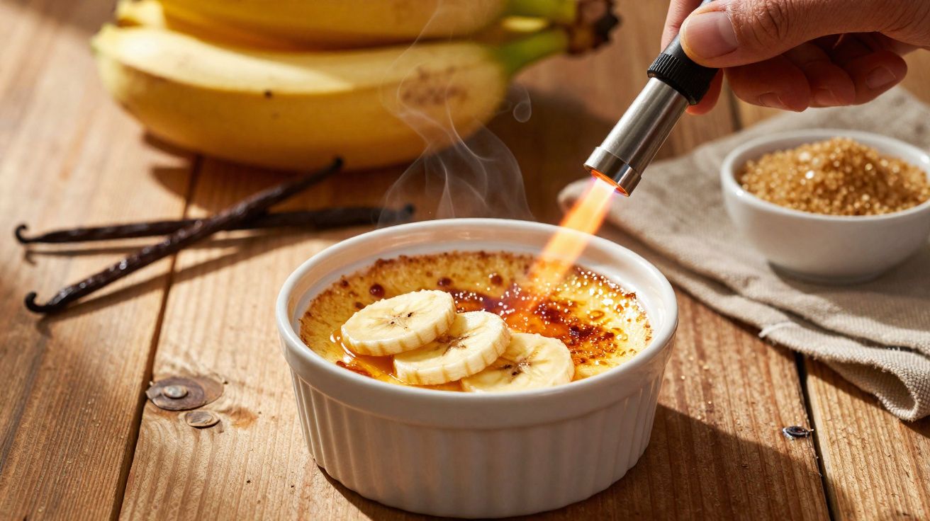 Queimando a superfície de creme de banana com maçarico em recipiente branco sobre mesa de madeira.
