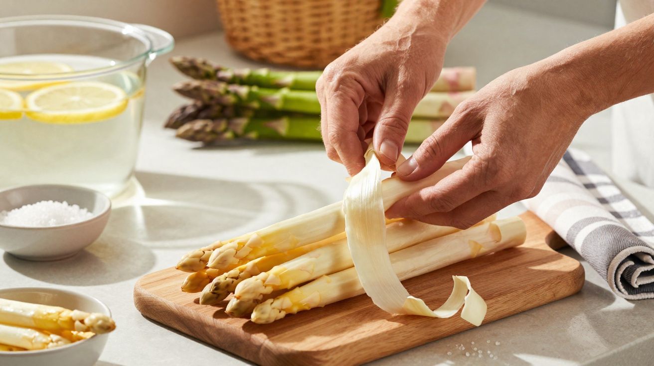 Mãos descascando aspargos brancos sobre tábua de madeira em cozinha com ingredientes ao redor.