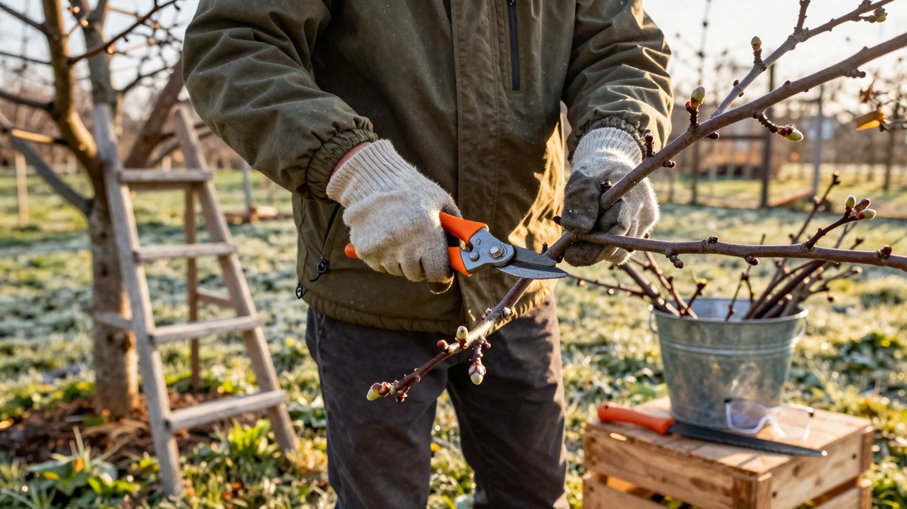 Pessoa com luvas podando galho de árvore em pomar ensolarado durante o dia.