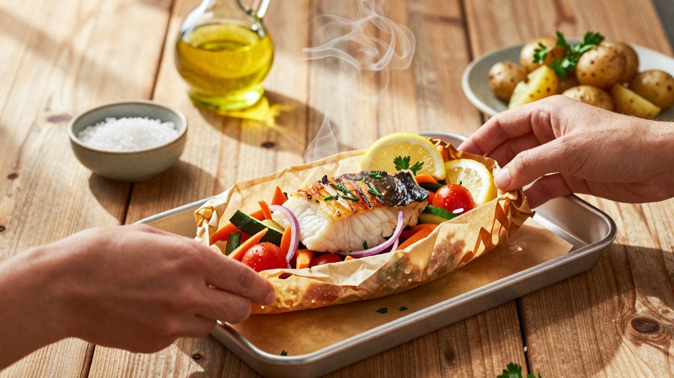 Prato com peixe grelhado, legumes variados e fatias de limão sendo servido em papel manteiga.