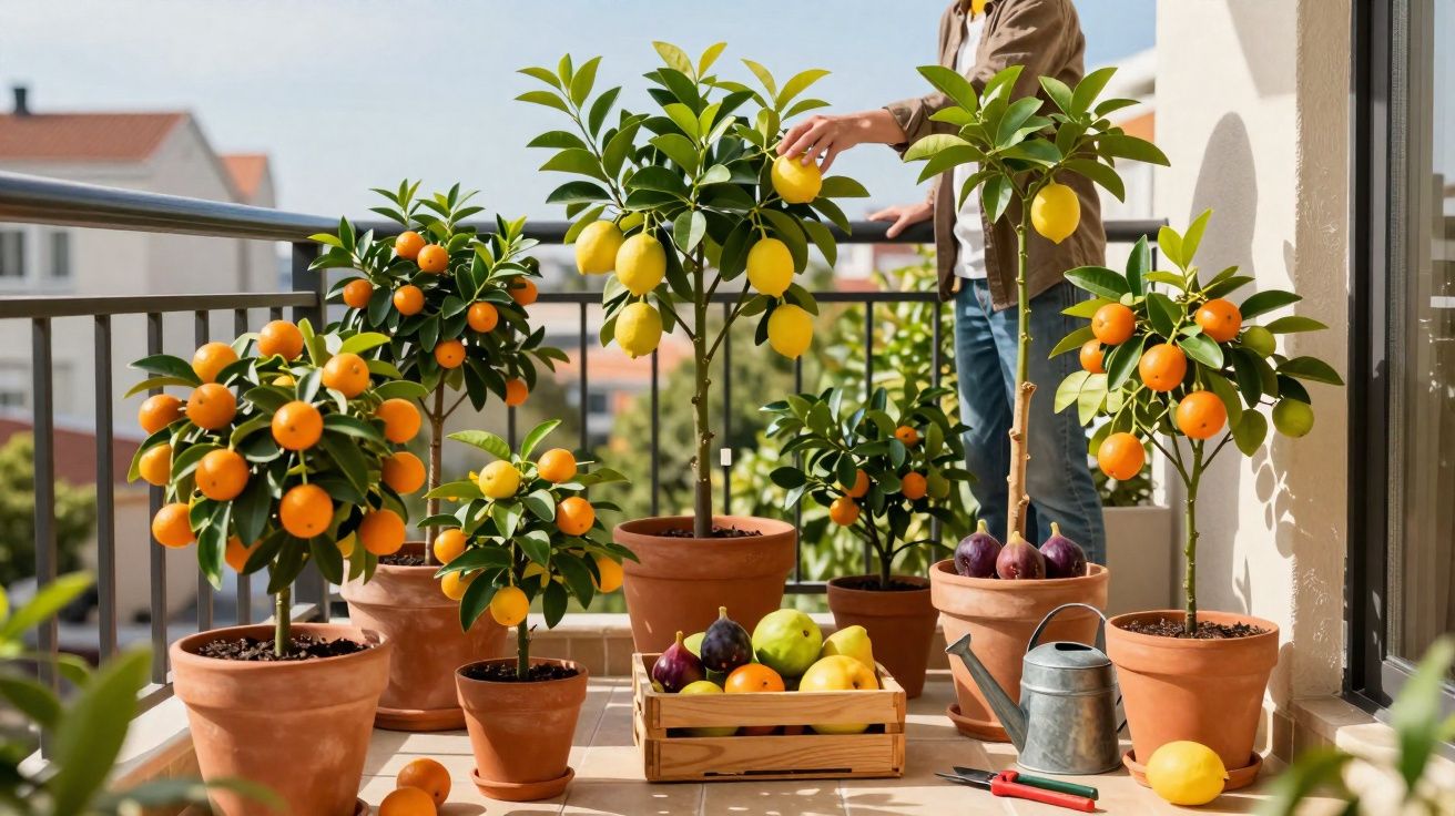 Pessoas cuidando de plantas cítricas em vasos com frutas e regador em varanda ensolarada.