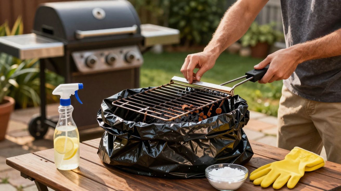 Pessoa limpando grelha de churrasqueira ao ar livre com raspador, luvas amarelas, spray de limão e recipiente branco.