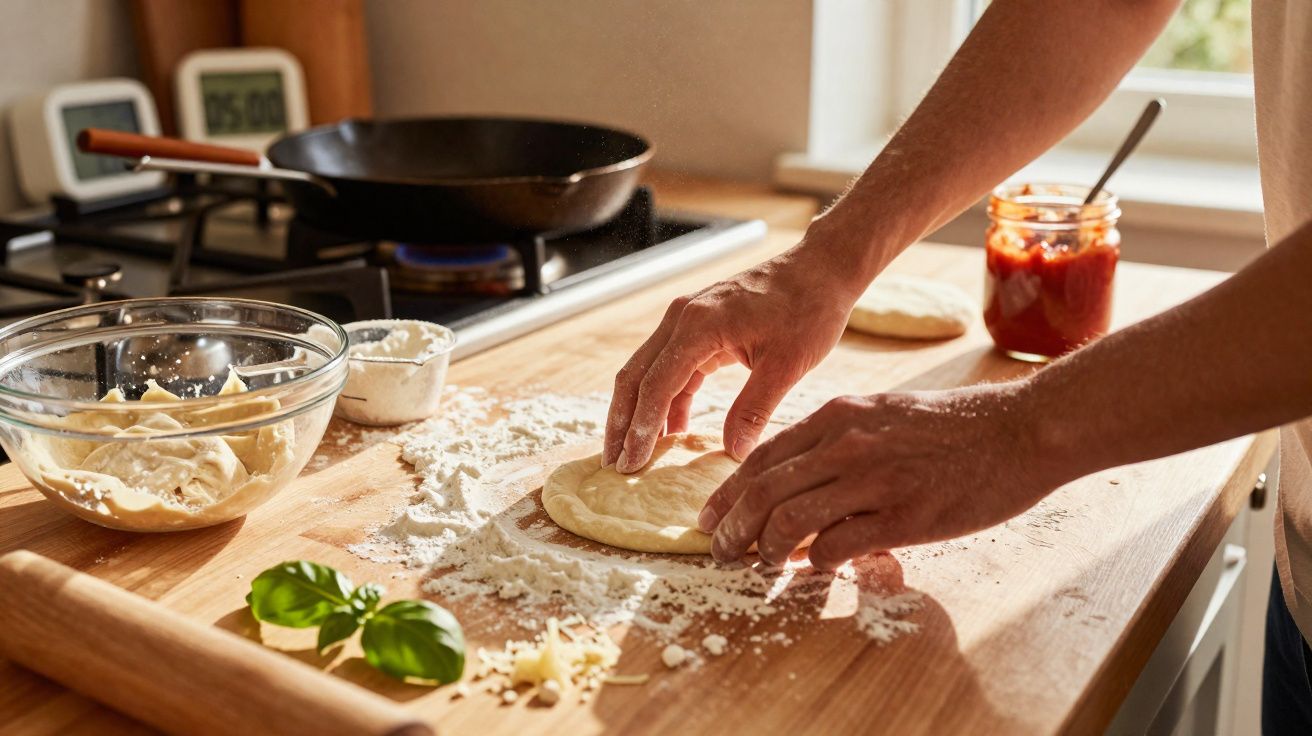 Mãos moldando massa sobre mesa com farinha, molho de tomate, manjericão e frigideira no fogão.