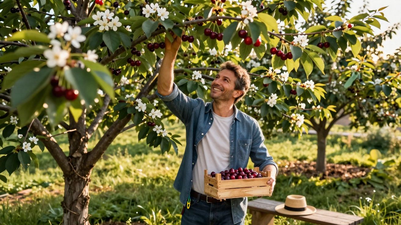 Homem colhendo cerejas maduras em pomar ensolarado, segurando caixa de madeira cheia de frutas.