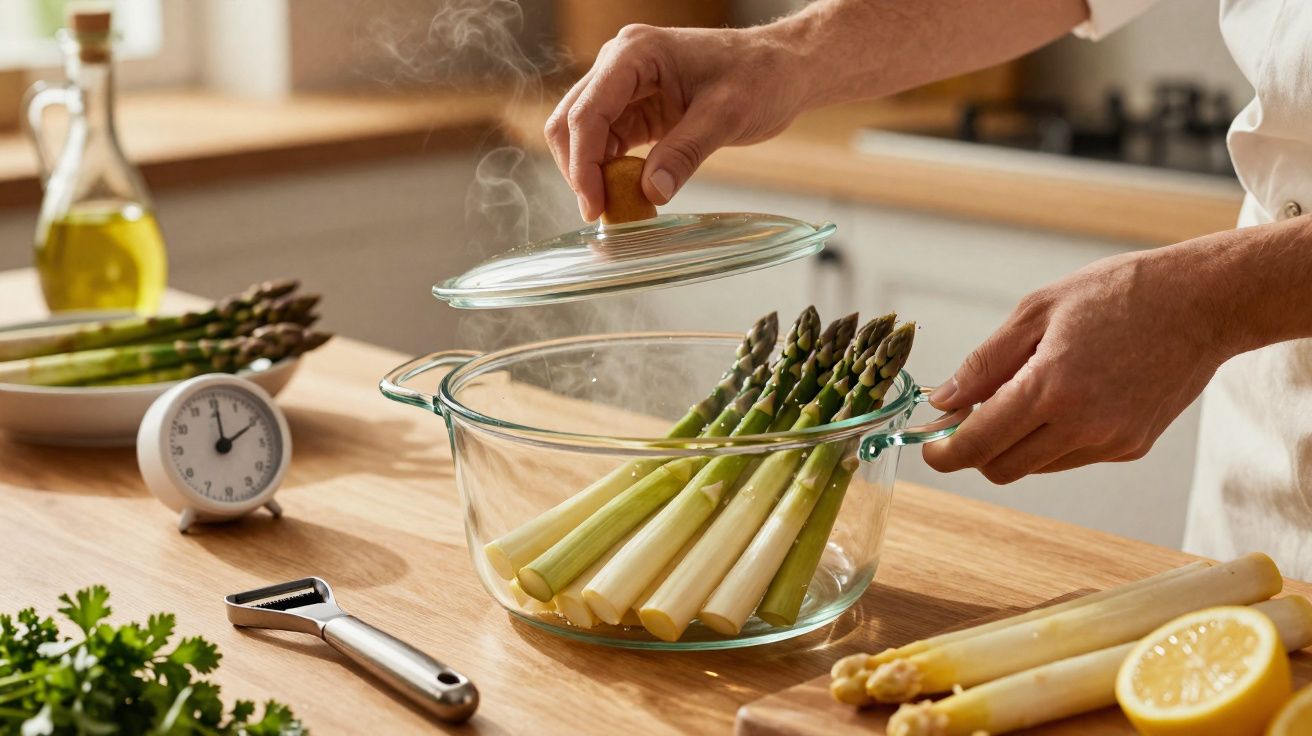 Pessoa tampando panela de vidro com aspargos verdes e brancos cozinhando na cozinha.