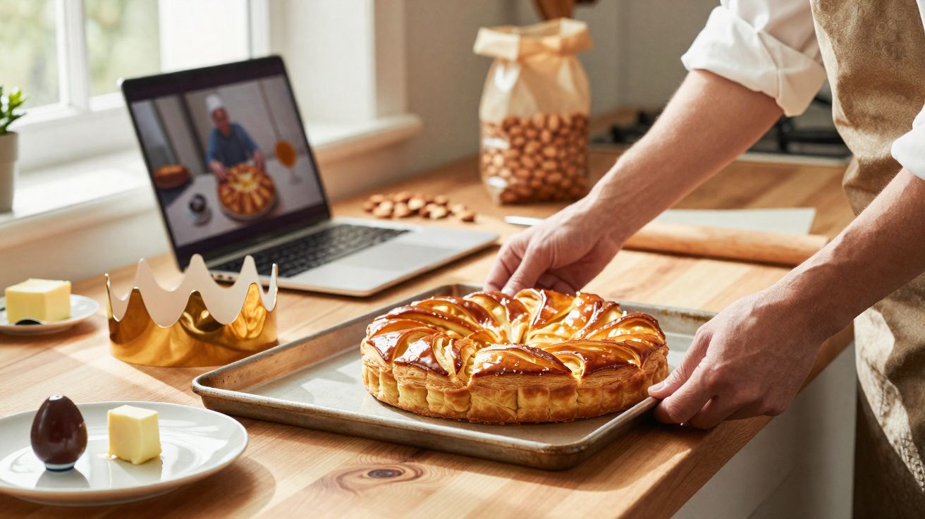 Pessoa colocando torta dourada em forma de coroa em assadeira sobre bancada de madeira na cozinha.