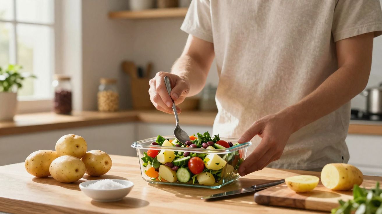 Pessoa preparando salada com batatas, tomate, pepino e azeitonas na cozinha iluminada.