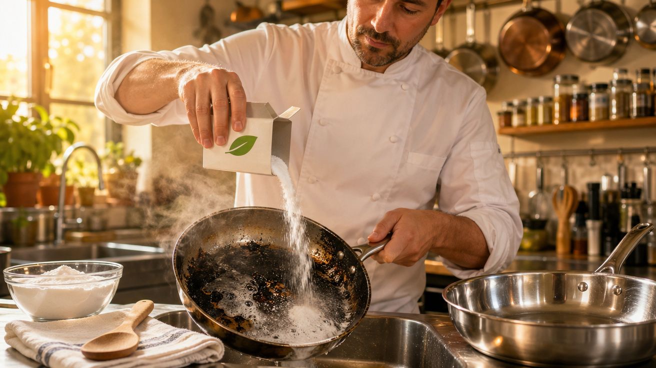 Homem na cozinha despejando sal em frigideira quente com vapor saindo no ambiente iluminado.