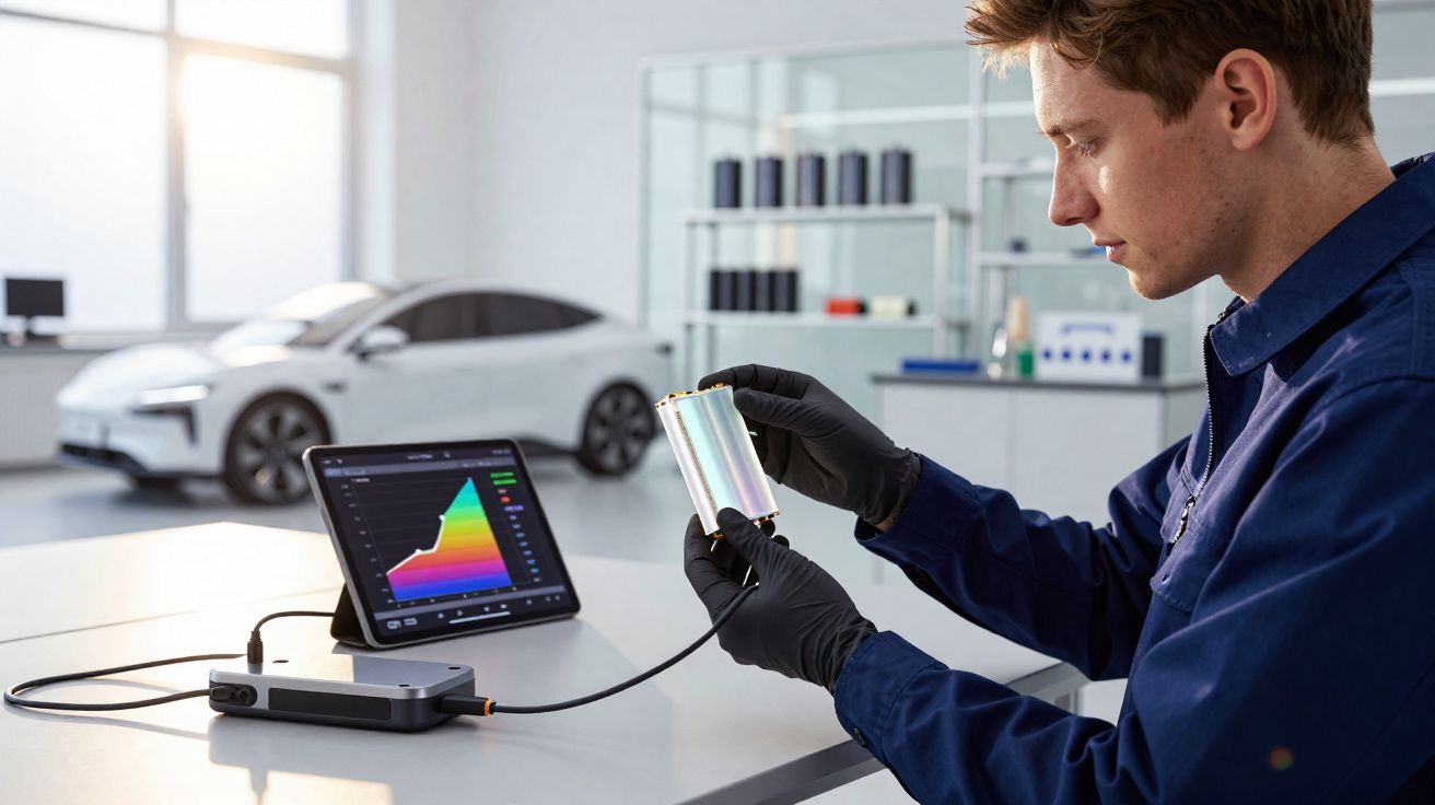 Homem analisando célula de bateria flexível com gráfico em tablet, com carro elétrico ao fundo em laboratório.