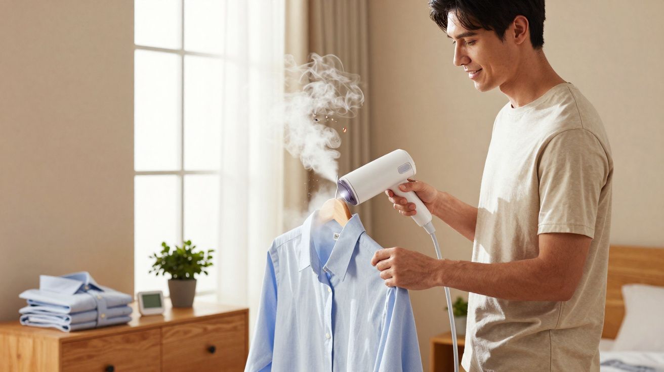 Homem usando um vaporizador de roupas para tirar vincos de uma camisa azul clara em um quarto iluminado.